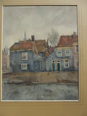 Piet Kramer - Aquarel. Zicht op Delft, Oosterstraat met op de achtergrond 2 torentje. kopen? Bied vanaf 50!