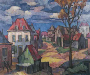 Harmen Klaas Post - Olieverf op board, Dorpsgezicht met zittend figuur - Ingelijst kopen? Bied vanaf 150!