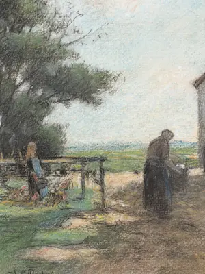 Johannes Cornelis Pabst - 1853-1944. Boerderij met boerin en kind pastel kopen? Bied vanaf 225!