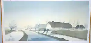 Gerrit Neven - Boerderijen in een mistige polder - ingelijste aquarel verkocht voor € 175!