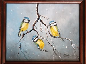 Henk Poeder - Drie kleine vogels in een winterse omgeving kopen? Bied vanaf 50!