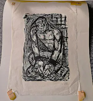 Lou Strik - Grote monochrome Hout/Linosnede "geketende slaaf" potlood-gesigneerd kopen? Bied vanaf 37!