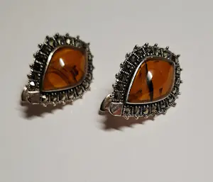 Vintage teardrop oorbellen met gouden amber en marcasiet kopen? Bied vanaf 75!