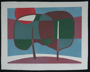 Gijsbert Jan van Koppenhagen - Kleurenhoutsnede, Twee bomen met zon kopen? Bied vanaf 40!