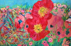 Ron van den Bosch - Acryl op doek, Zonder titel (bloemen en vlinder) - Ingelijst (Zeer groot) verkocht voor € 1!