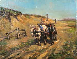 Niet of onleesbaar gesigneerd - Olieverf op doek, Paard en wagen verkocht voor € 1!