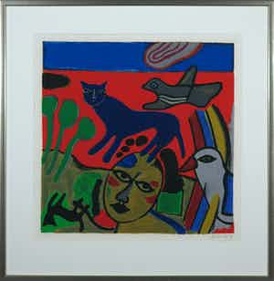 Corneille - Zeefdruk, Autour du lac II - Ingelijst verkocht voor € 300!