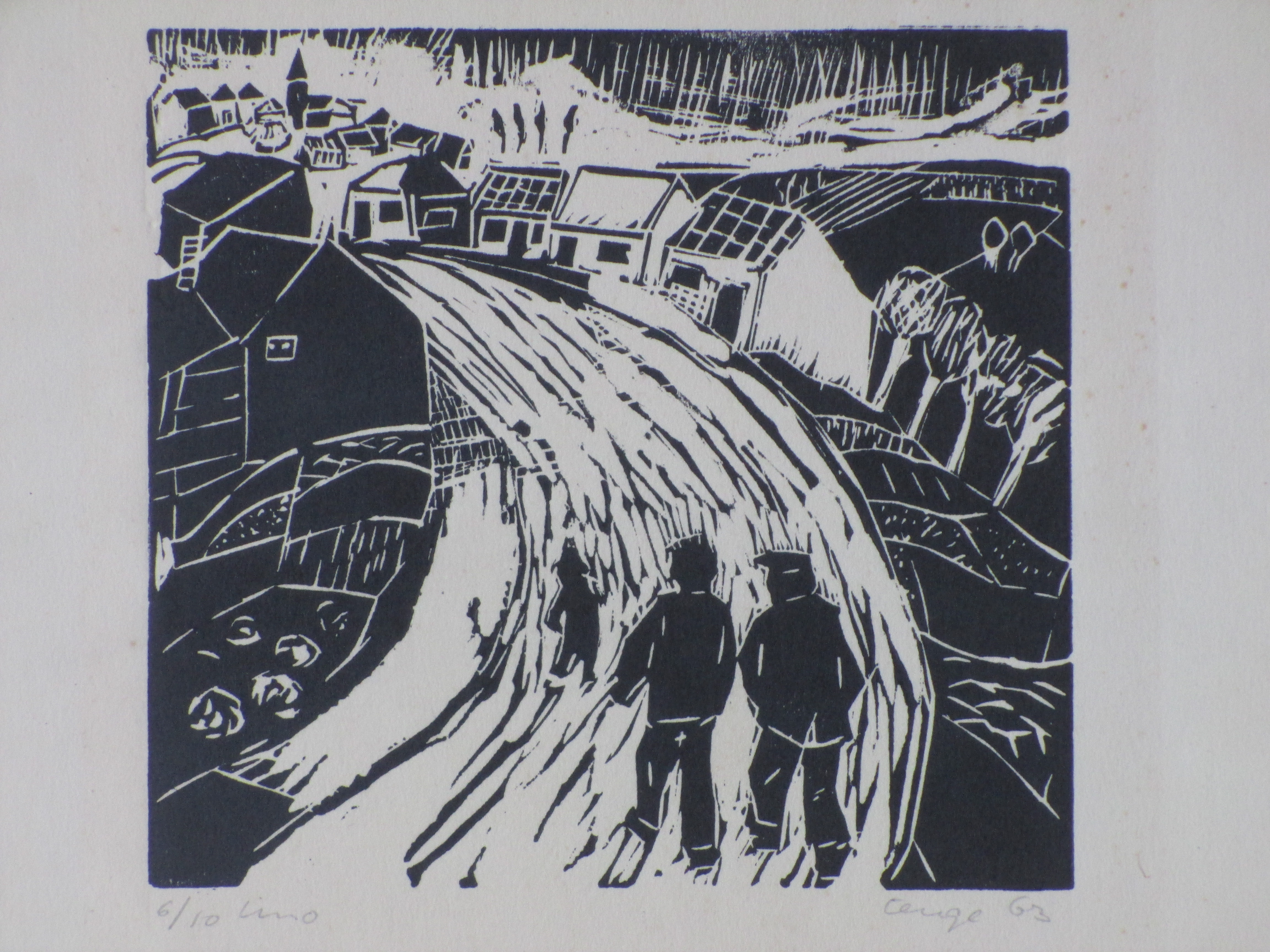 George Degenhart - Dorpsweg met figuren - Linosnede kopen? Bied vanaf 40!