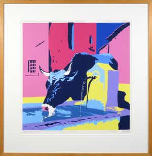 Marco Kooiman - Zeefdruk, Cow drinking at fountain - Ingelijst verkocht voor € 50!