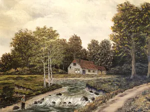 L. De Bruijn - Huis aan rivier - Olieverf op doek, Ingelijst kopen? Bied vanaf 1!