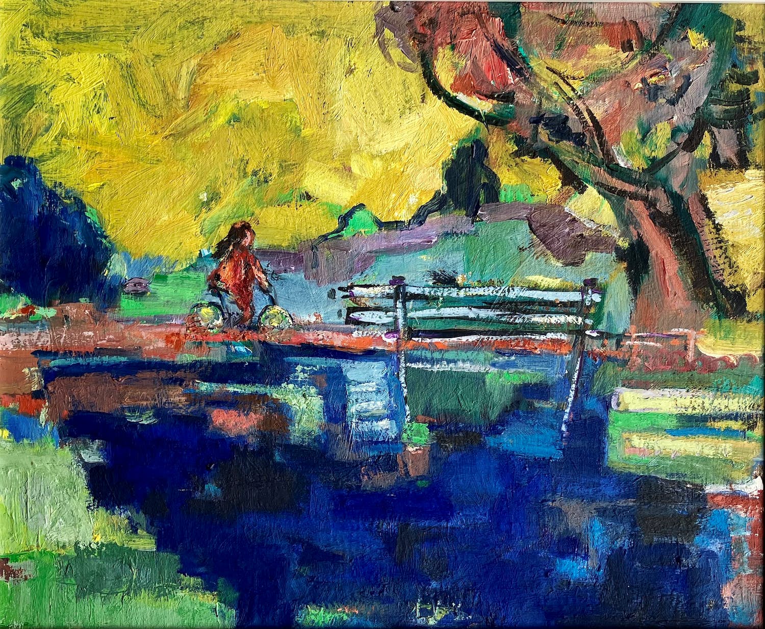 Niet of onleesbaar gesigneerd - Olieverf op canvas - Landschap met fietsende vrouw kopen? Bied vanaf 1!