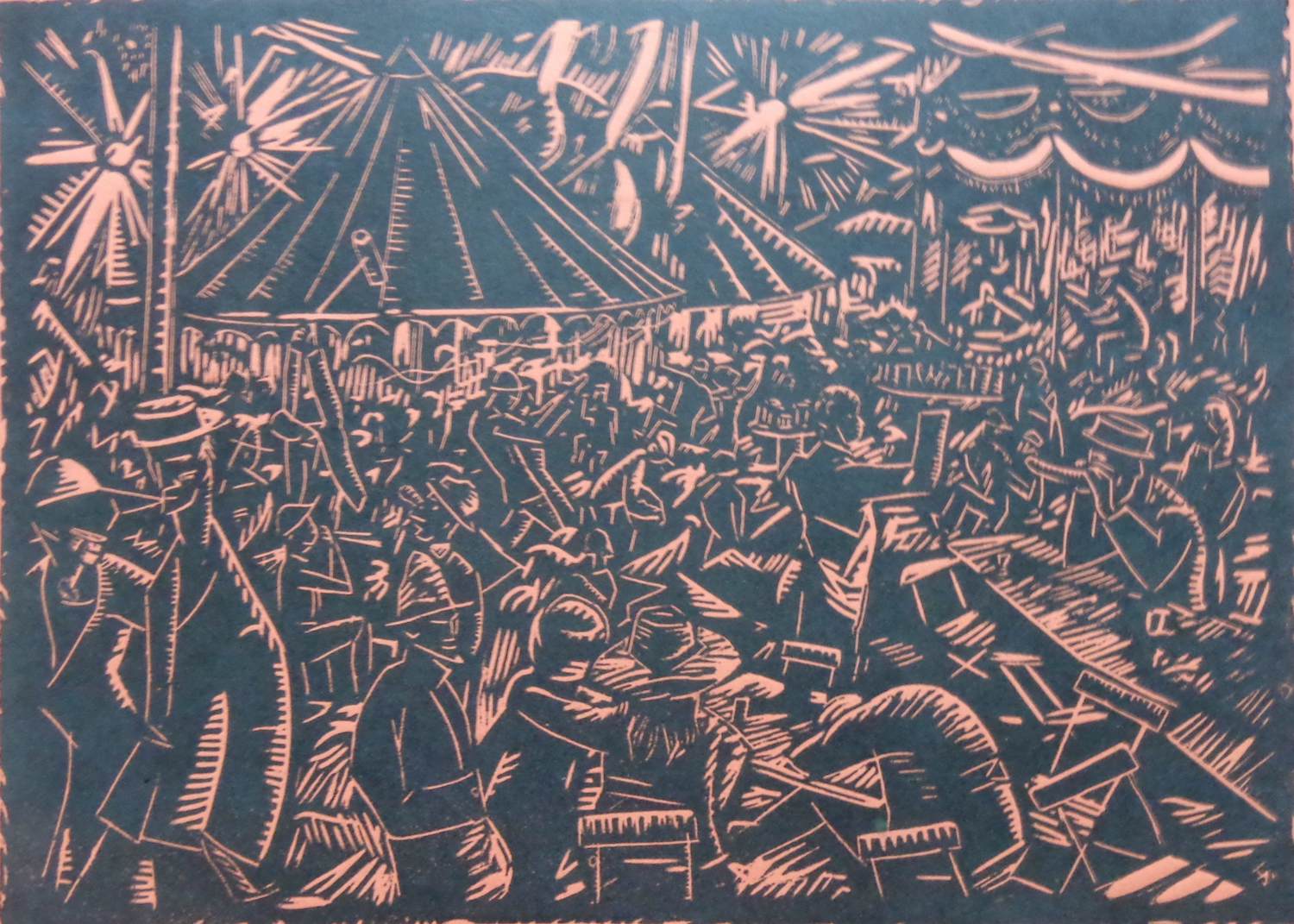 Herman Bieling - KERMIS IN DE DOELEN / ZW-W HOUTSNEDE / 33x43cm / SIG / 1922 kopen? Bied vanaf 45!