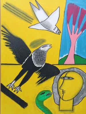 Corneille - GEEL HOOFD & VOGEL / KLEURLITHO / 70x50cm / SIG / 2001 verkocht voor € 95!