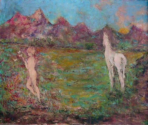 Hilda Blom - Meisje met vlinders en veulen -1981 olieverf- verkocht voor € 45!