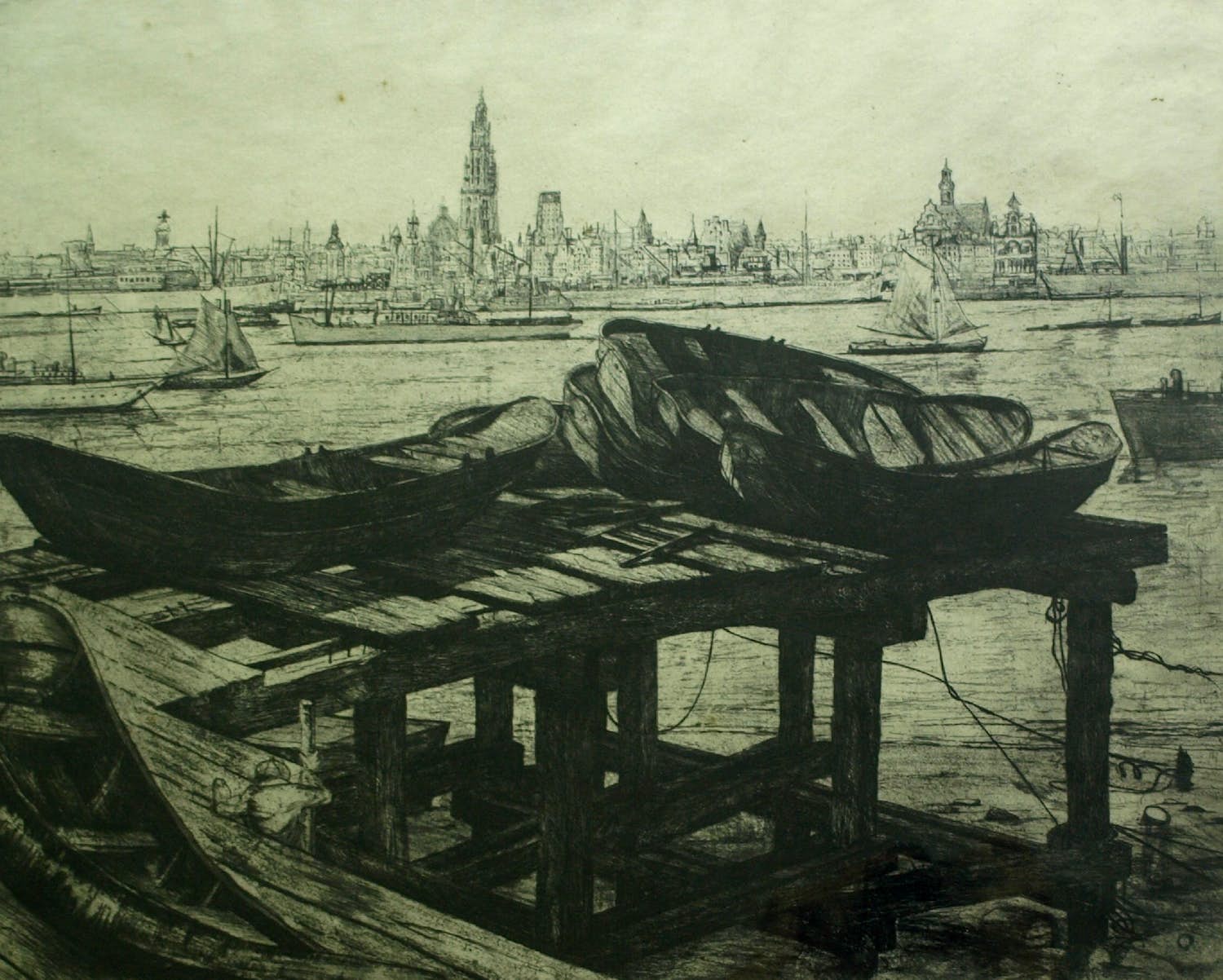Toon Pluymers - Ingelijste ets , Gezicht op Antwerpen – Lijst, 56 x 71 cm. kopen? Bied vanaf 1!