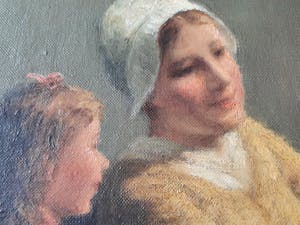 Henri Heyligers - vrouw met kinderen in boereninterieur kopen? Bied vanaf 400!