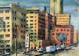 Jeroen Hermkens - Kleurenlitho - 'New York, Sixth Avenue' - 1995 verkocht voor € 100!