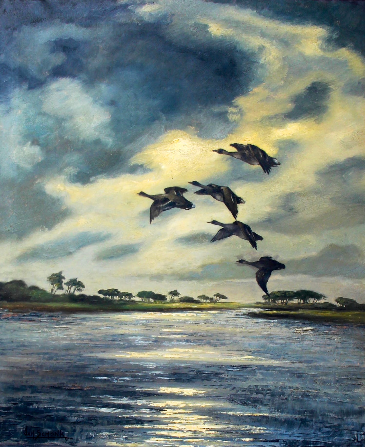Jan Schonk - olieverf op doek: vliegende eenden verkocht voor € 350!