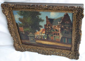 Niet of onleesbaar gesigneerd - Olieverf op paneel , Dorpsplein – gesigneerd & ingelijst - oud kopen? Bied vanaf 1!