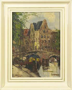 Jan Kelderman - Olieverf op doek, Stadsgezicht Amsterdam Brouwersgracht - Ingelijst verkocht voor € 50!