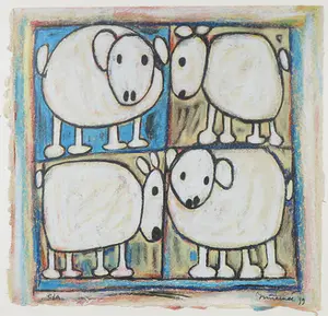 Hans Innemee - Zeefdruk, Schapenkwartet - Ingelijst kopen? Bied vanaf 150!