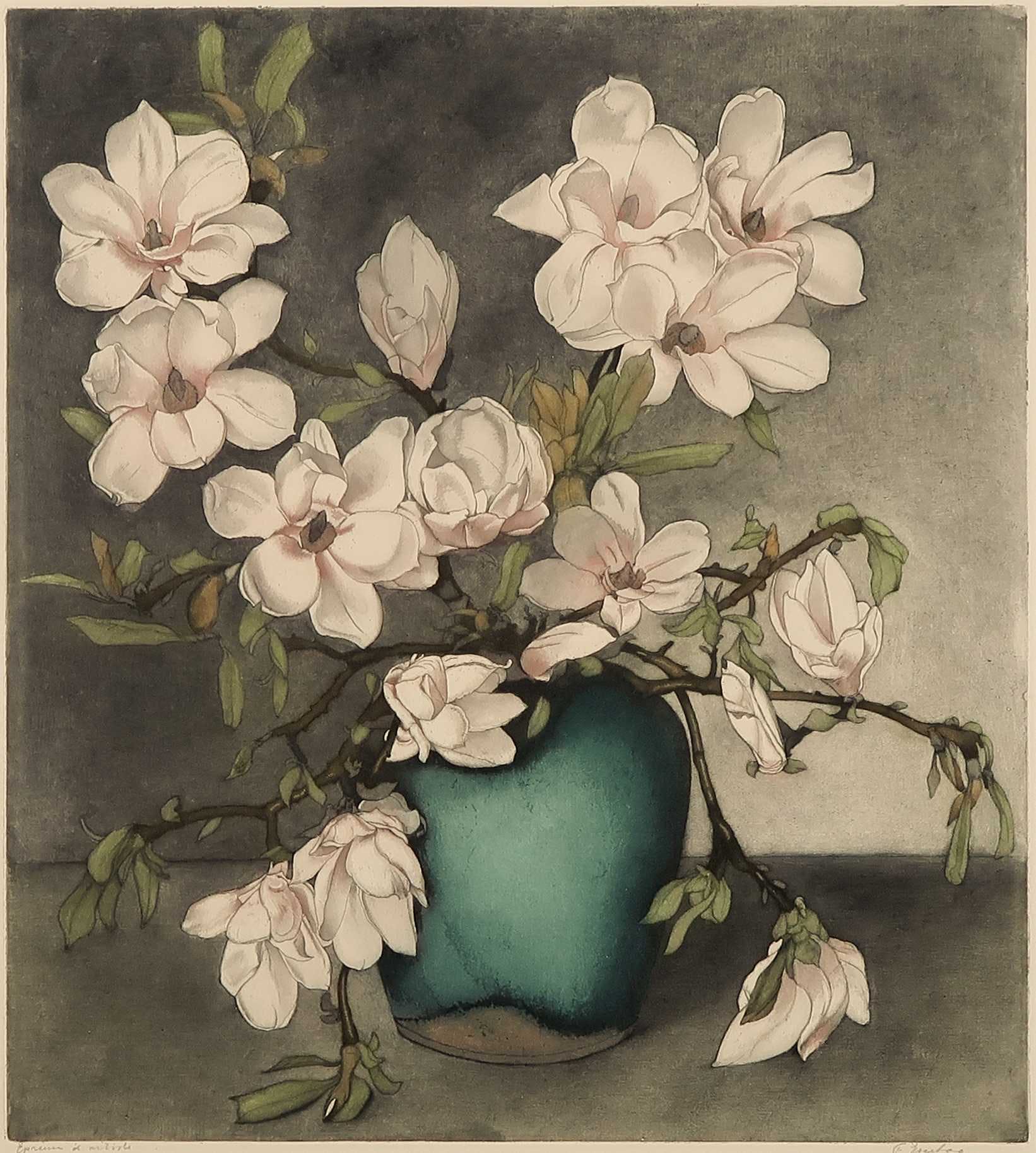 Frans Everbag - Ets en aquatint, Magnolia's in groene gemberpot kopen? Bied vanaf 70!