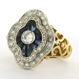 18k bicolour gouden ring met saffier, briljant en single cut geslepen diamanten kopen? Bied vanaf 1400!