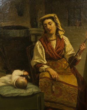 Lionel Baes - Olieverf op doek, Spinnende vrouw met kind kopen? Bied vanaf 150!