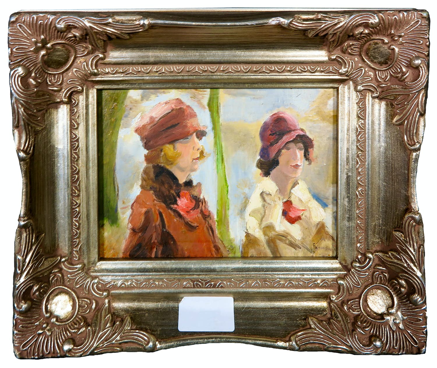 Niet of onleesbaar gesigneerd - Olieverf op paneel, Twee vrouwen met hoeden - Ingelijst kopen? Bied vanaf 1!