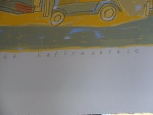 Heleen de Jong - Zeefdruk. Titel, "Race van de heftrucks". kopen? Bied vanaf 20!