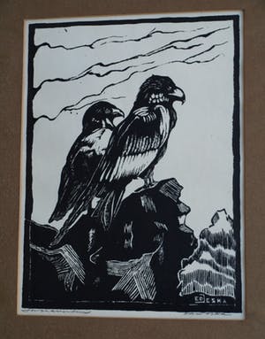 Jan Staats Kiewiet - onder pseudoniem Ed Jeska - Houtsnede , Jonge Arenden – gesigneerd -ca 1940 kopen? Bied vanaf 1!