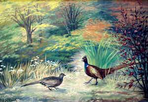 Jan Schonk - Olieverf op canvas: fazanten paar verkocht voor € 349!