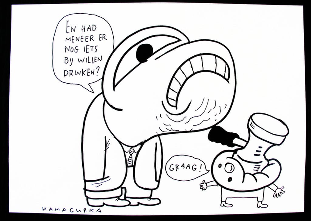 Kamagurka - Kamagurka - En had meneer er nog iets bij willen drinken? - tekening, gesigneerd kopen? Bied vanaf 1!