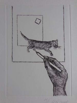 Roger Raveel - KAT IN VIERKANT / ZW-W ETS / 39x27cm / SIG / 2010 kopen? Bied vanaf 275!
