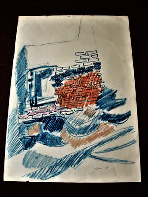 Piero Giunni - Vooraanstaand Italiaans modernist - groot Pastel - "Huis in aanbouw" gesigneerd kopen? Bied vanaf 58!