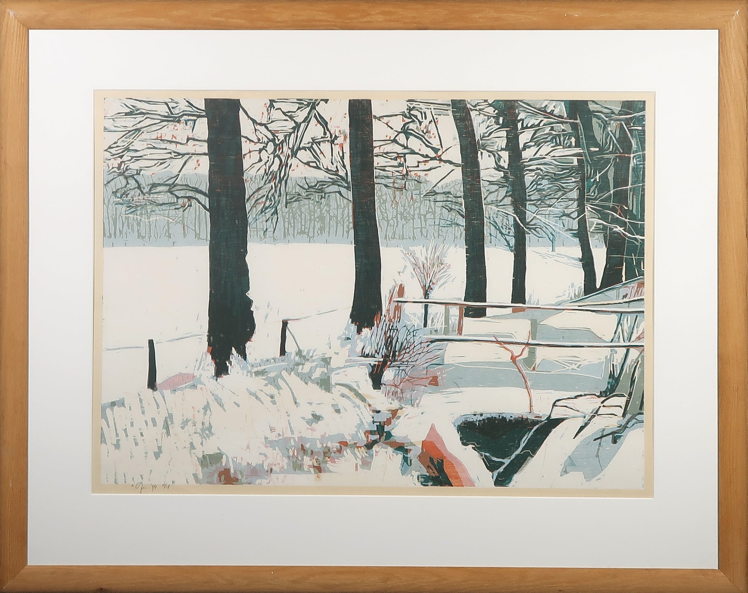 Vincent van Ojen - Houtsnede, Winterlandschap - Ingelijst verkocht voor € 80!
