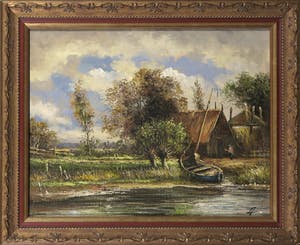 Toon Wildeboer - Olieverf op doek, Landschap met bootje - Ingelijst kopen? Bied vanaf 20!