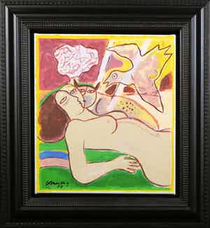 Corneille - Terragravure op doek, Cats in Love VIII - Ingelijst verkocht voor € 300!