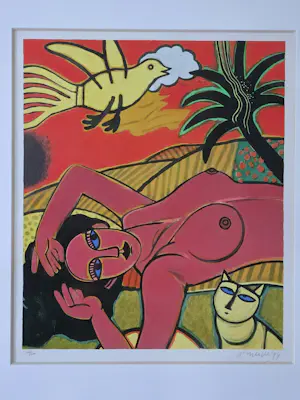 Corneille - Roze vrouw met vogel en kat - Gesigneerd - 1994 kaufen? Bieten Sie von 550!