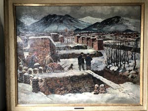 Dora Brandenburg-Polster - Het stapelen van de turf in winter, Olieverf op Doek, Ingelijst - Groot werk! kopen? Bied vanaf 299!