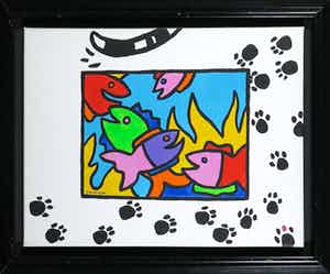 Shunyam - Acryl op doek, Cat and Fish II - Ingelijst verkocht voor € 1!