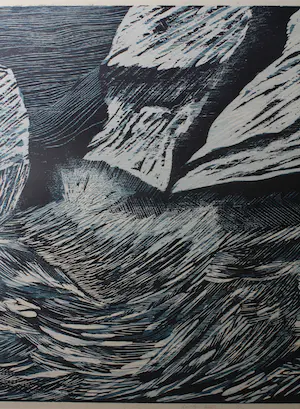 Mike Werkhoven - Grote ingelijste houtsnede "Kustlijn 8" kopen? Bied vanaf 1!