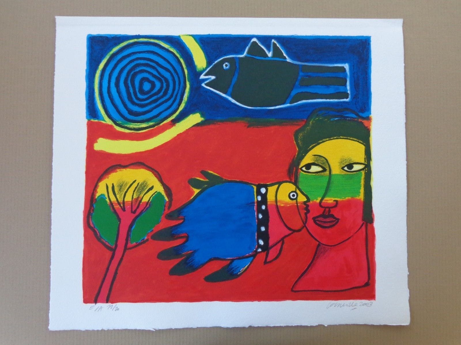 Corneille - VROUWENHOOFD & VOGELS / KLEURLITHO / 60x69cm / SIG 2003 kopen? Bied vanaf 175!