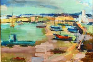 Marjon de Wit - "Haventje in Bretagne" - Gouache, Ingelijst verkocht voor € 85!