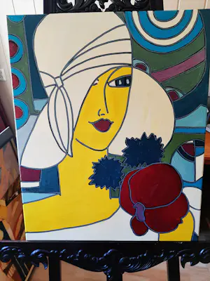 Patricia Kleyman - Acryl op doek. Titel, "Portrait à la capeline blanche". kopen? Bied vanaf 160!