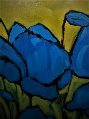 Jocke Overwater - GROOT! Acrylverf op doek "Blauwe Klaprozen in weids Landschap" gesigneerd kopen? Bied vanaf 10!