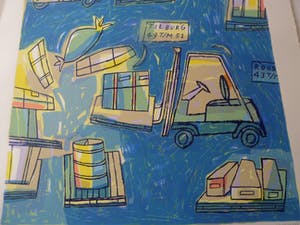 Heleen de Jong - Zeefdruk. Titel, "Race van de heftrucks". kopen? Bied vanaf 15!