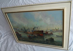 Niet of onleesbaar gesigneerd - Olieverf op doek , Havengezicht, Rotterdam? – ingelijst & gesigneerd kopen? Bied vanaf 1!