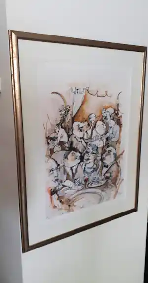 Guy Olivier - 'Diner' (groot werk, schitterend gelijst) verkauft für € 185!