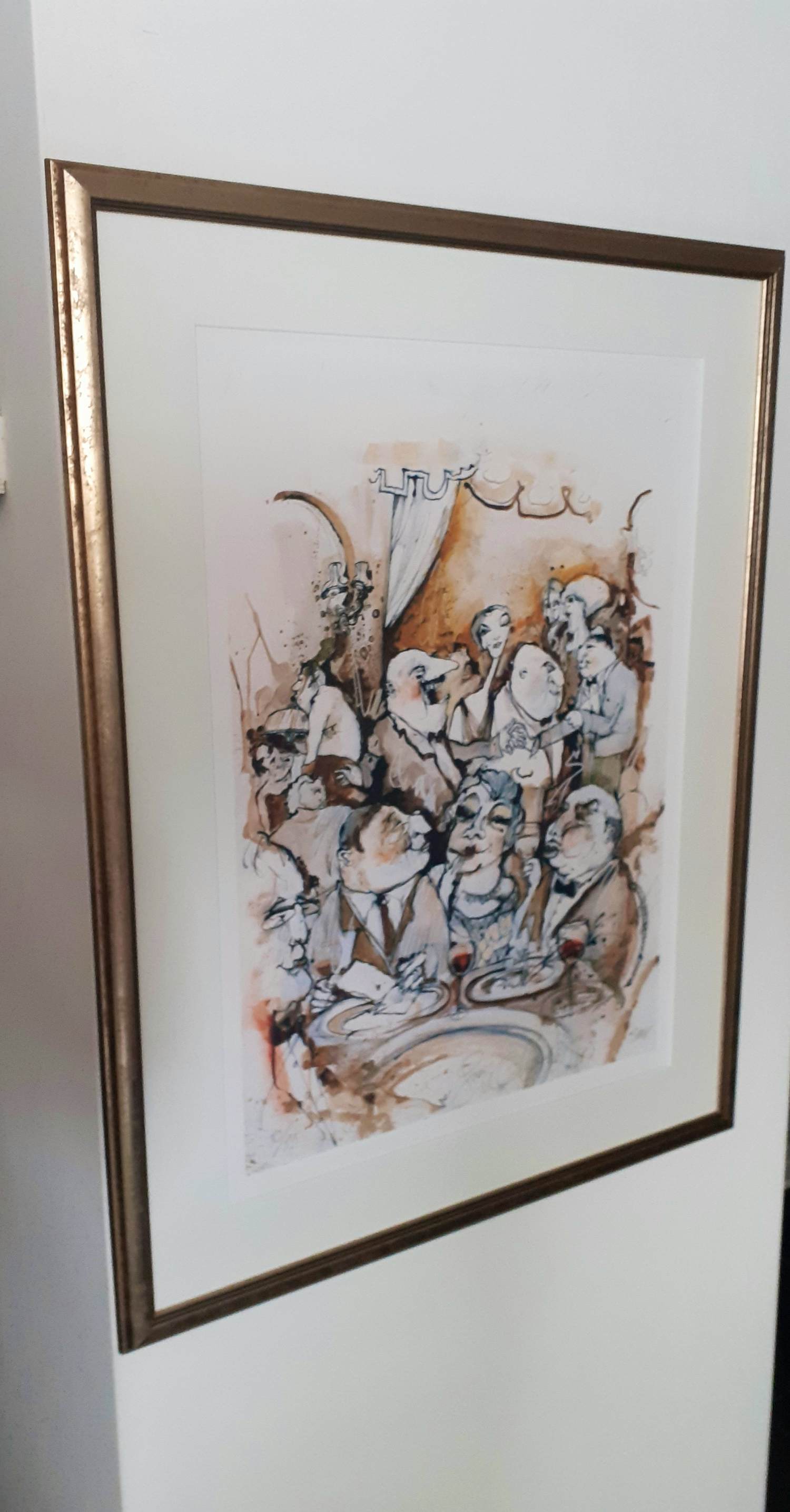 Guy Olivier - 'Diner' (groot werk, schitterend gelijst) verkocht voor € 175!